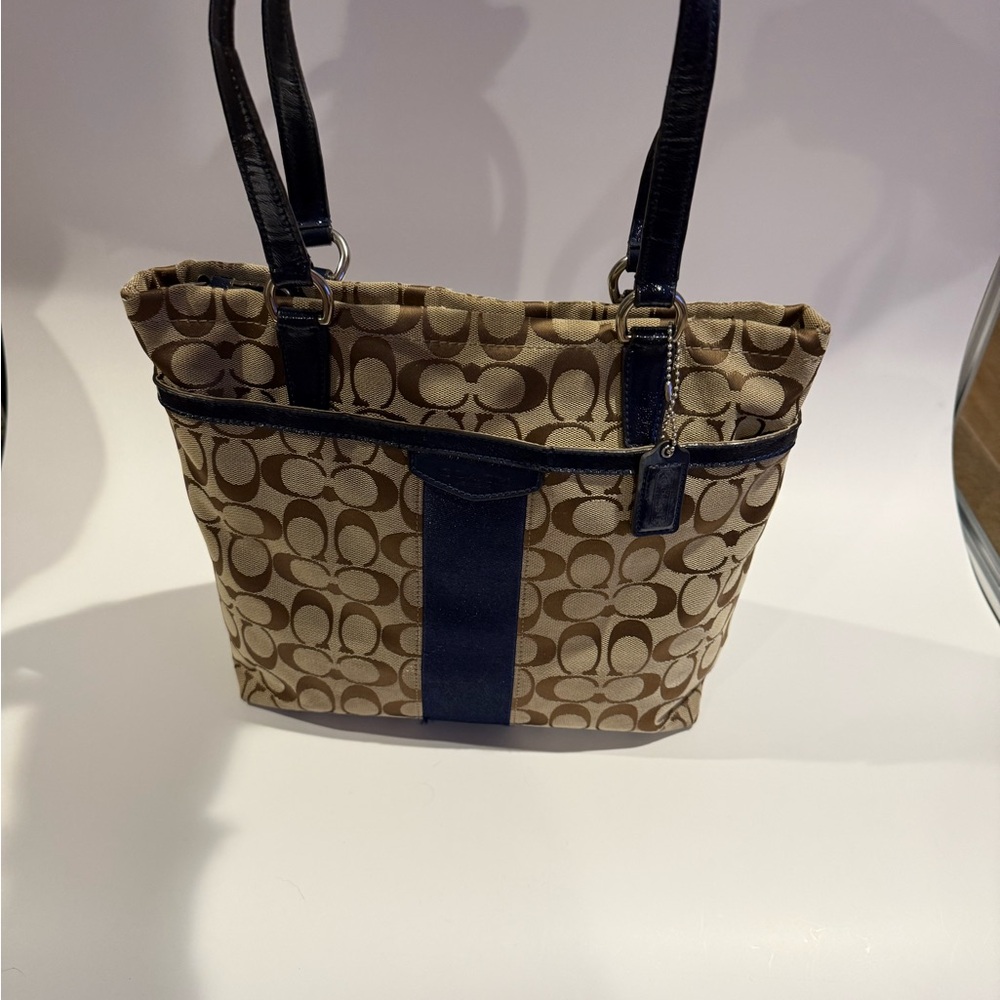 Coach Signature Stripe Shoulder Tote (F28504) - callouts pictured